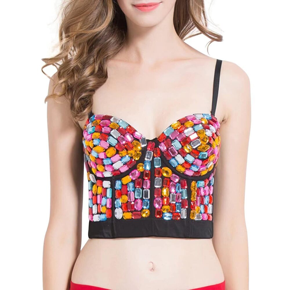 5064 Bustier Crop Top Mesh Corset Top Push up Rhinestone Diamond Bra Club